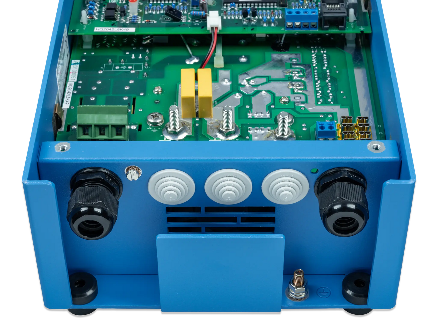 Blue electronic device with a green circuit board on a white background