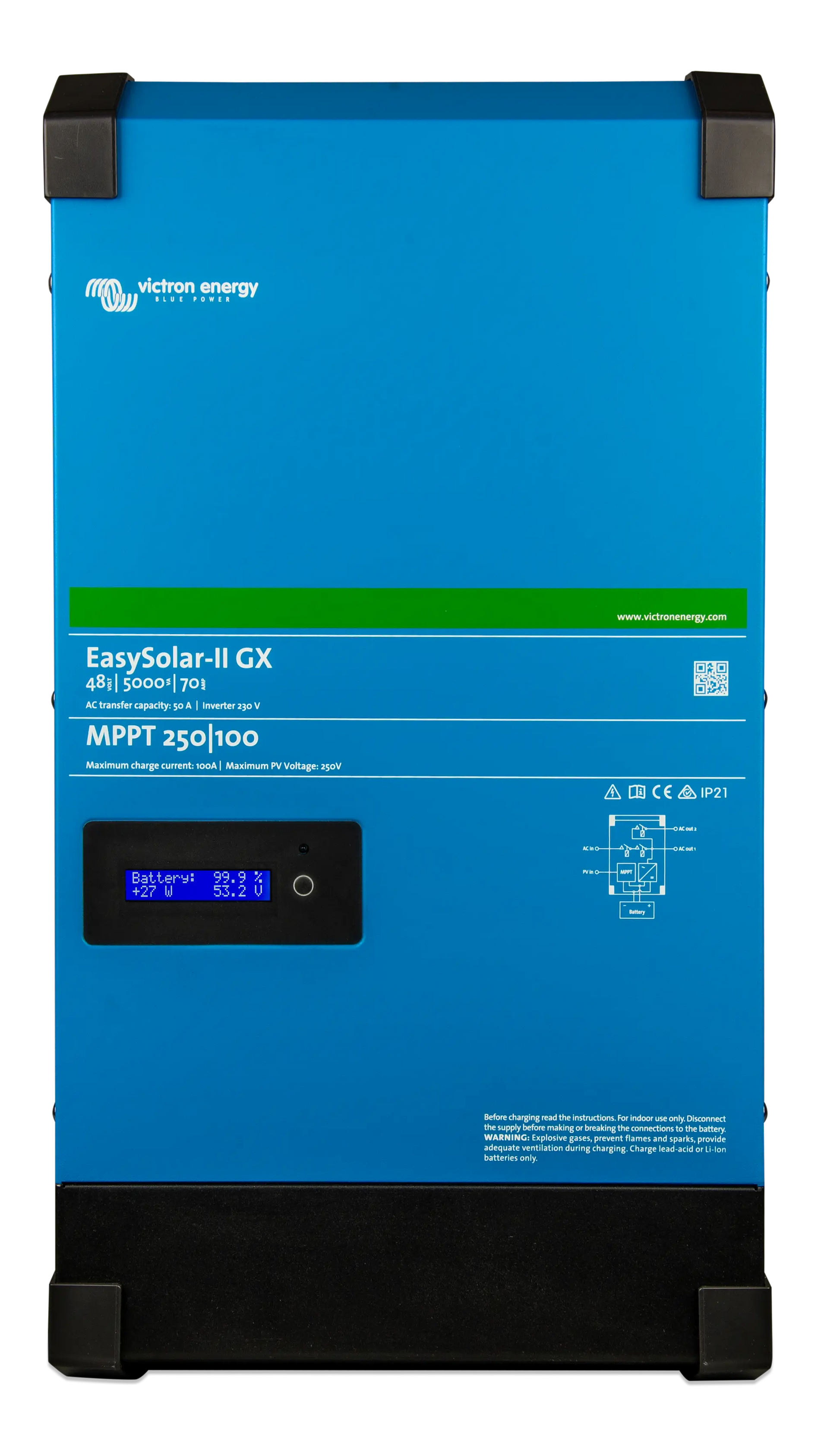 Blue solar inverter with black base and green label on a white background