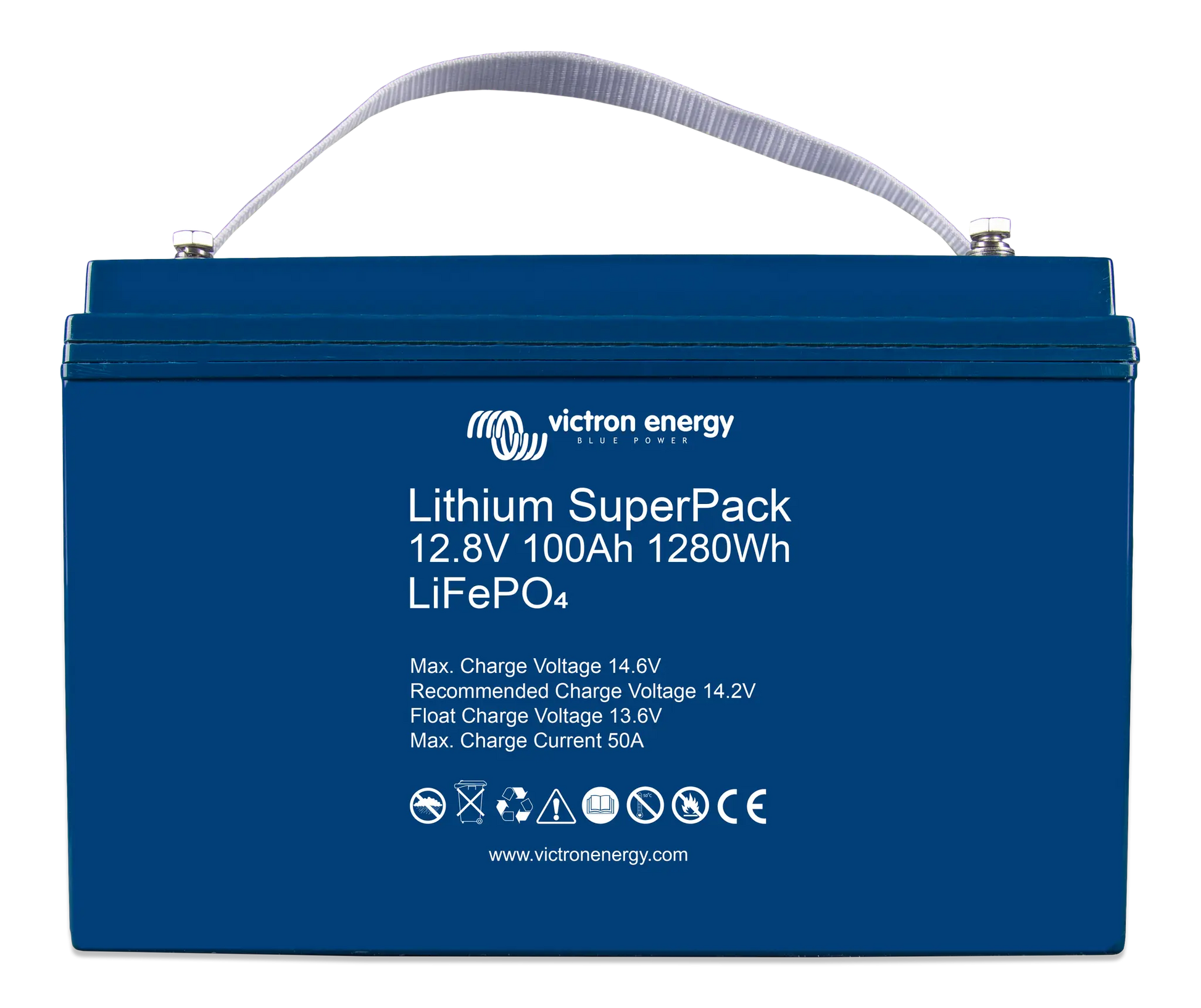 Blue lithium superpack battery with Victron Energy branding on a white background