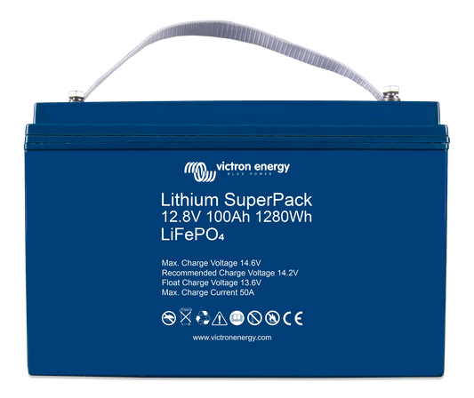 Blue lithium superpack battery with Victron Energy branding on a white background