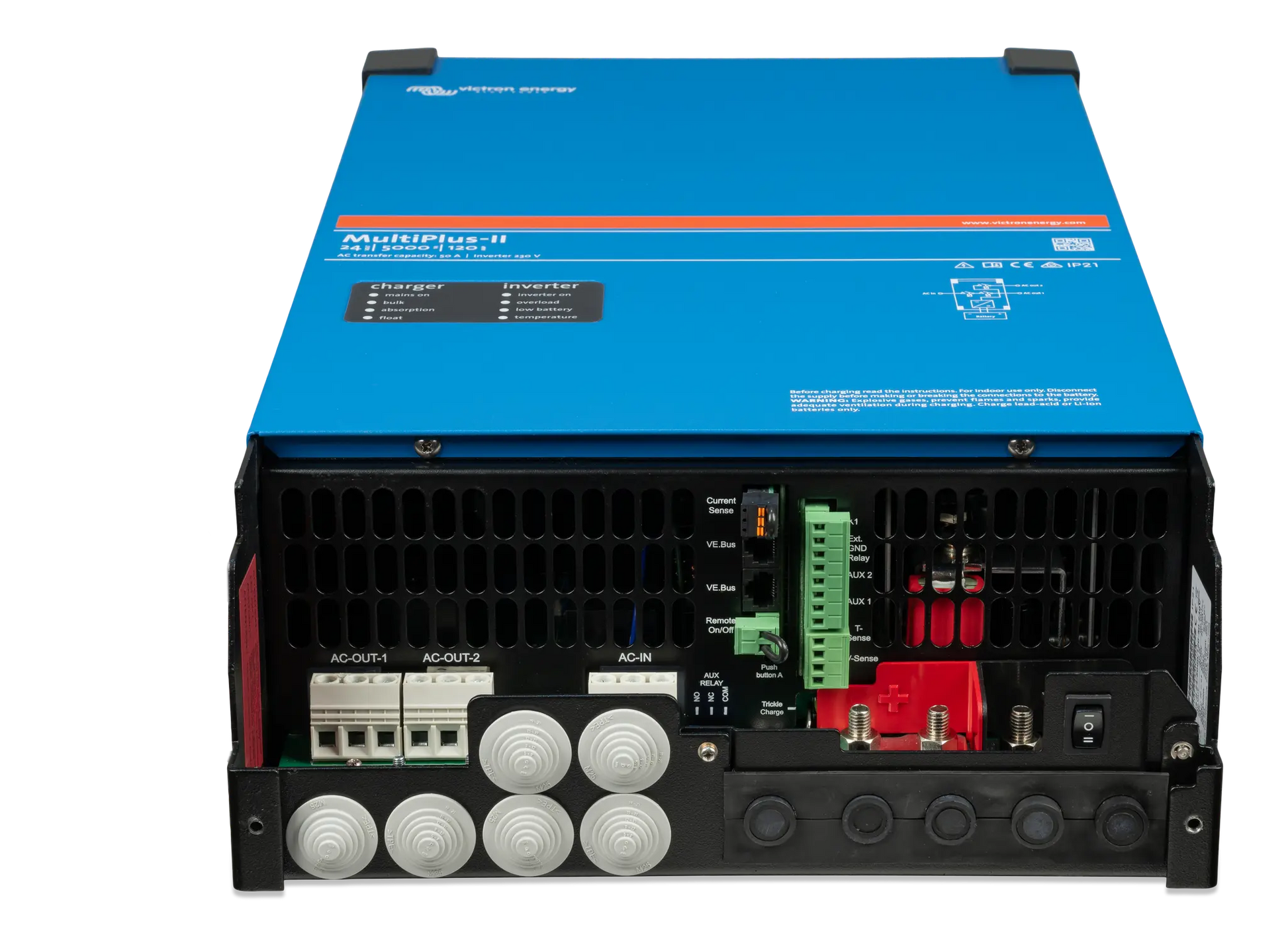 Blue power inverter with visible branding on a white background