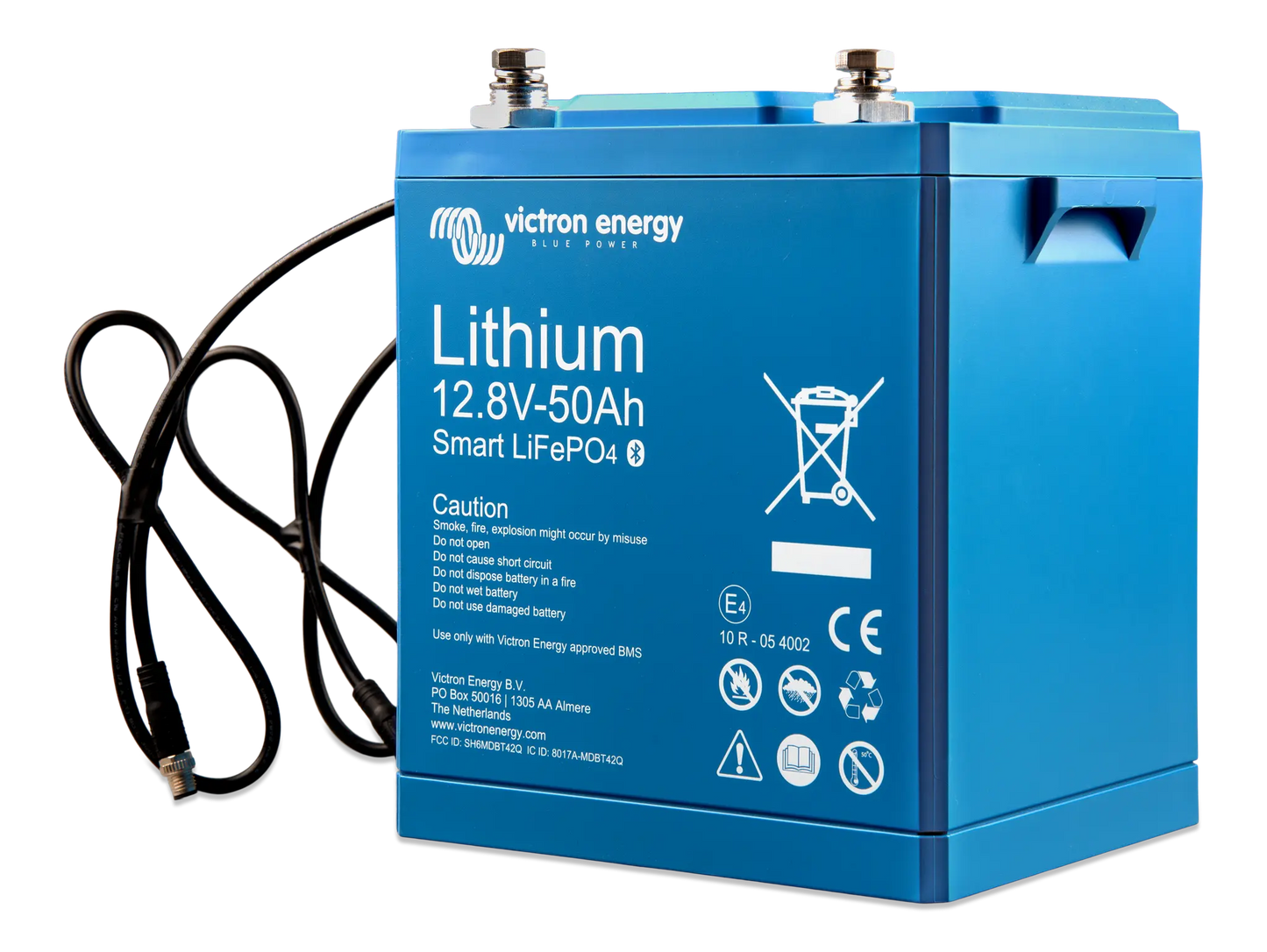 Blue lithium battery with visible branding on a white background