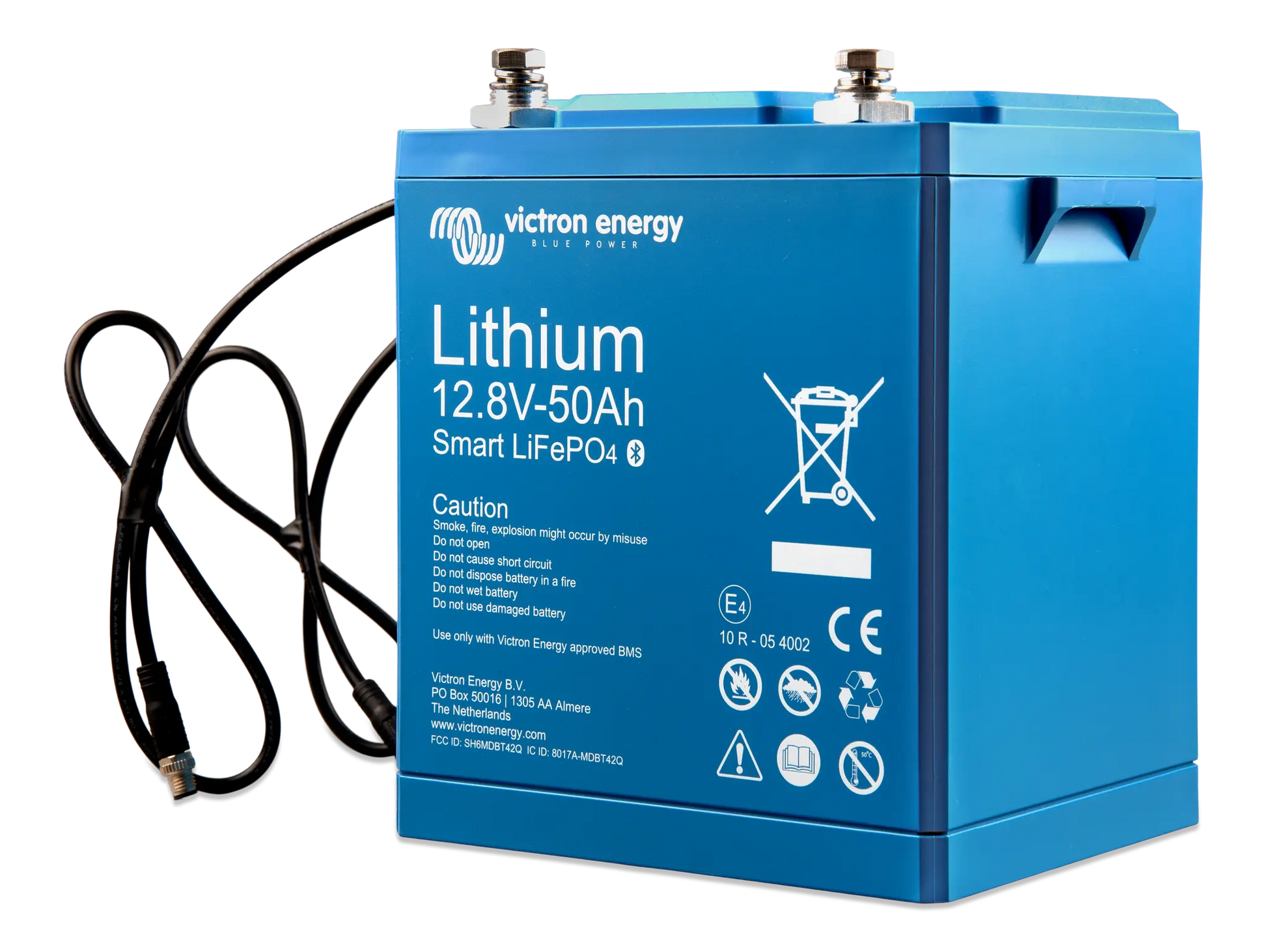 Blue lithium battery with visible branding on a white background