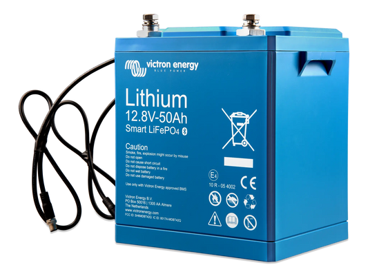 Blue lithium battery with visible branding on a white background