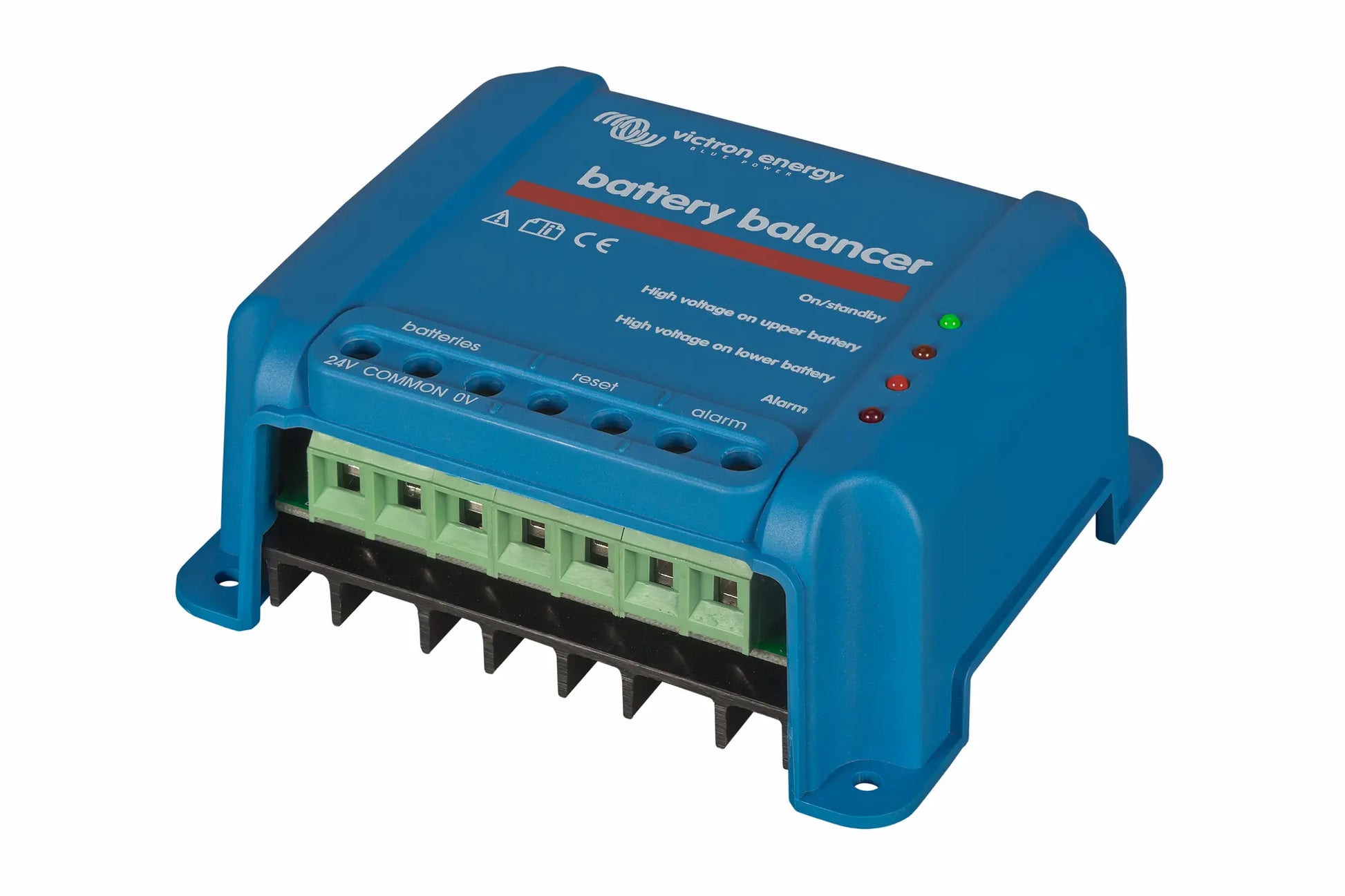 Blue battery balancer with visible branding on a white background