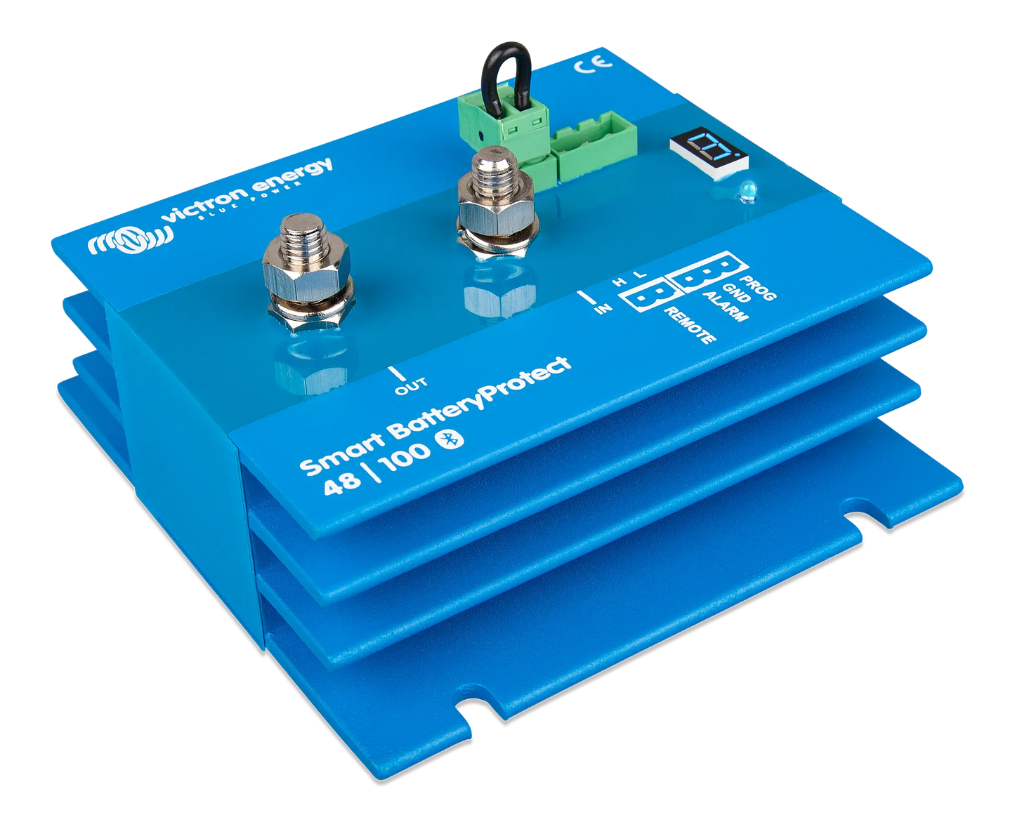 Blue battery protection device with visible branding on a white background