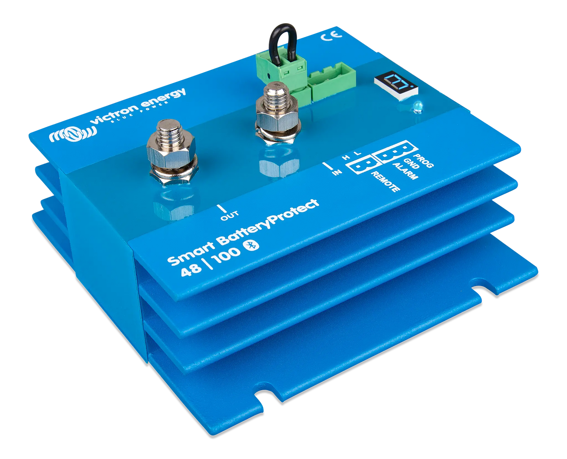 Blue battery protection device with visible branding on a white background