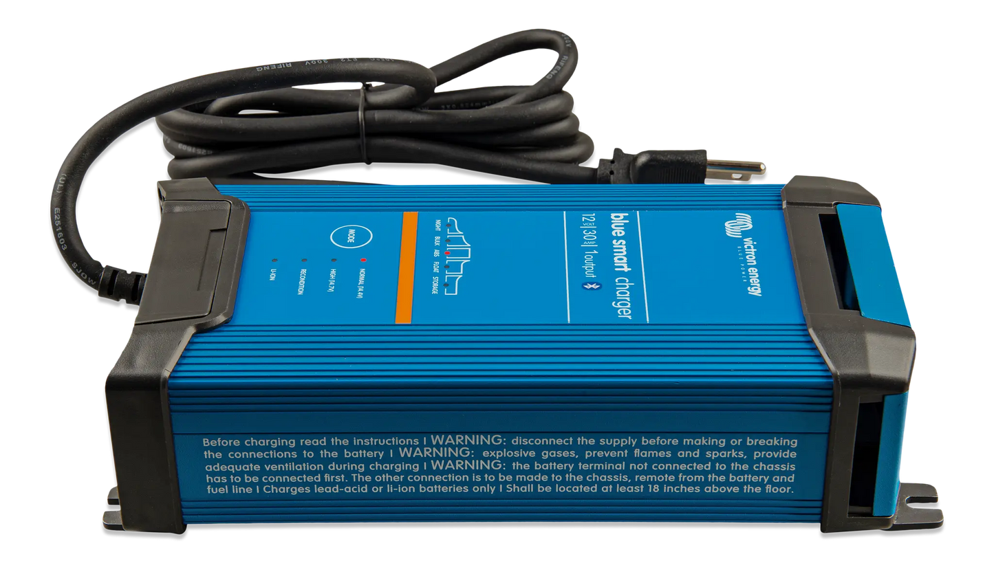 Blue and black battery charger with a coiled cable on a white background