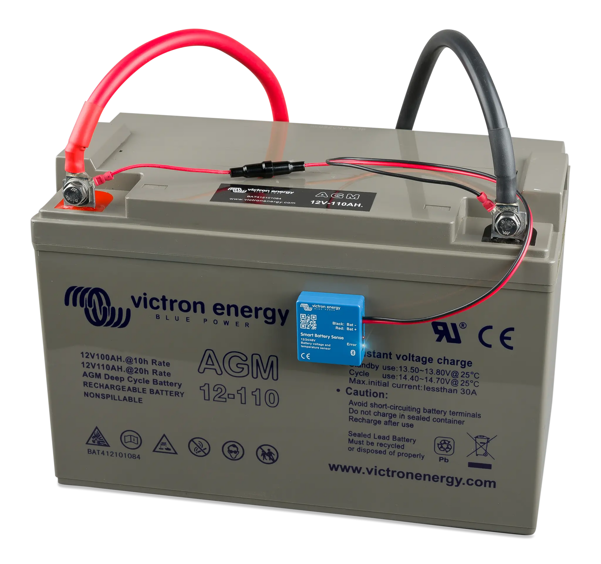 Victron Energy AGM battery with cables on a white background