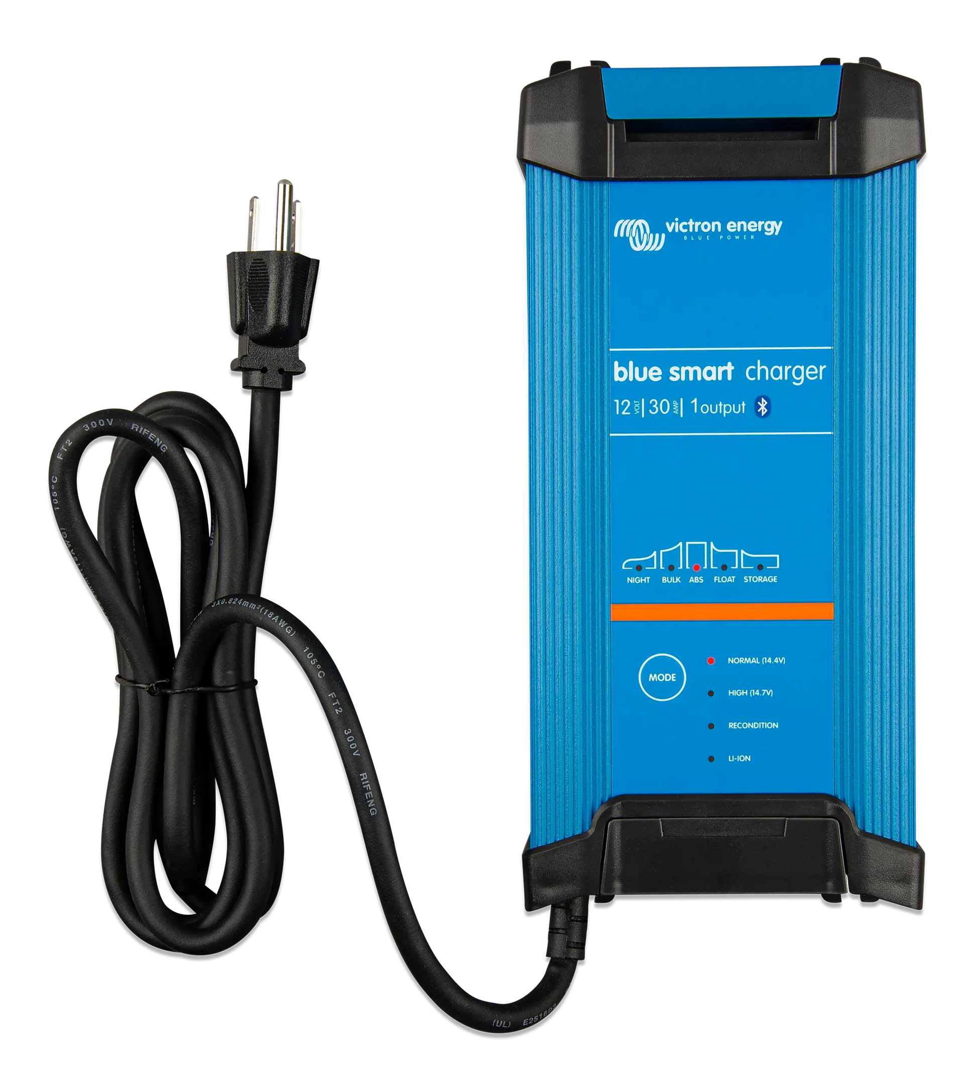 Blue smart charger with power cord on a white background