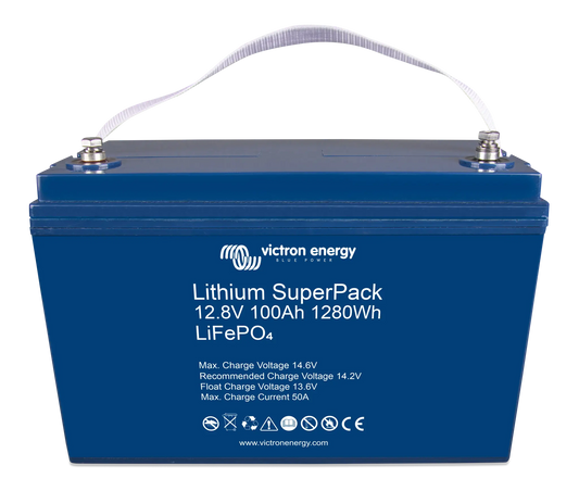 Blue lithium superpack battery with Victron Energy branding on a white background
