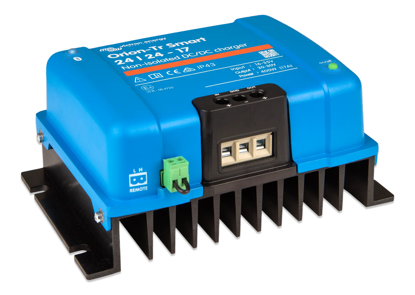 Blue electronic device with black and green connectors on a white background