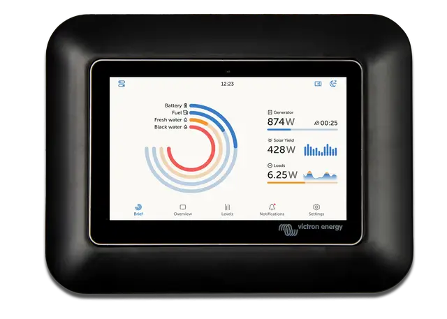 Black electronic device with a digital display showing energy metrics on a white background