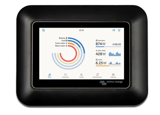 Black electronic device with a digital display showing energy metrics on a white background
