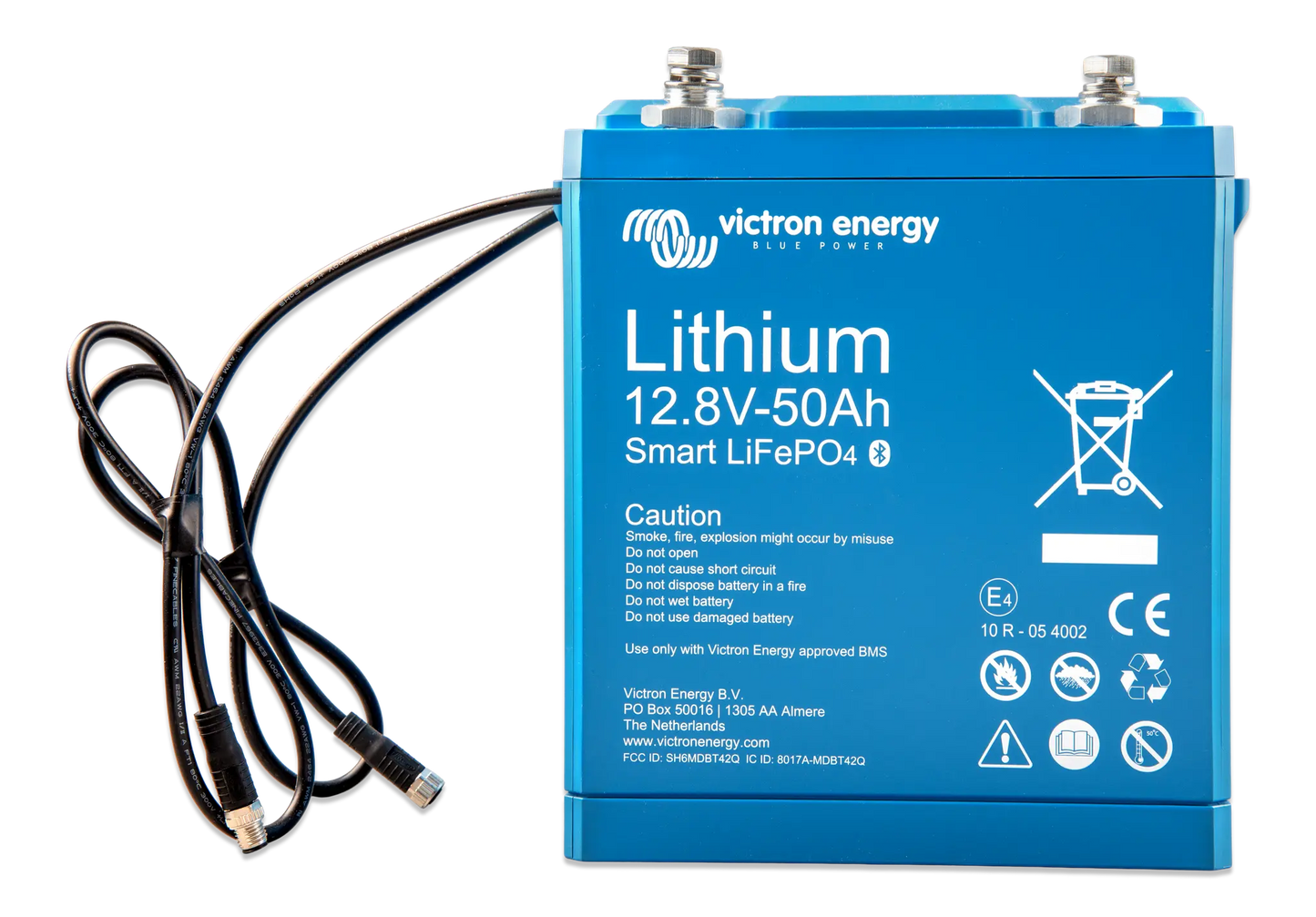 Blue lithium battery with cables on a white background, featuring Victron Energy branding.