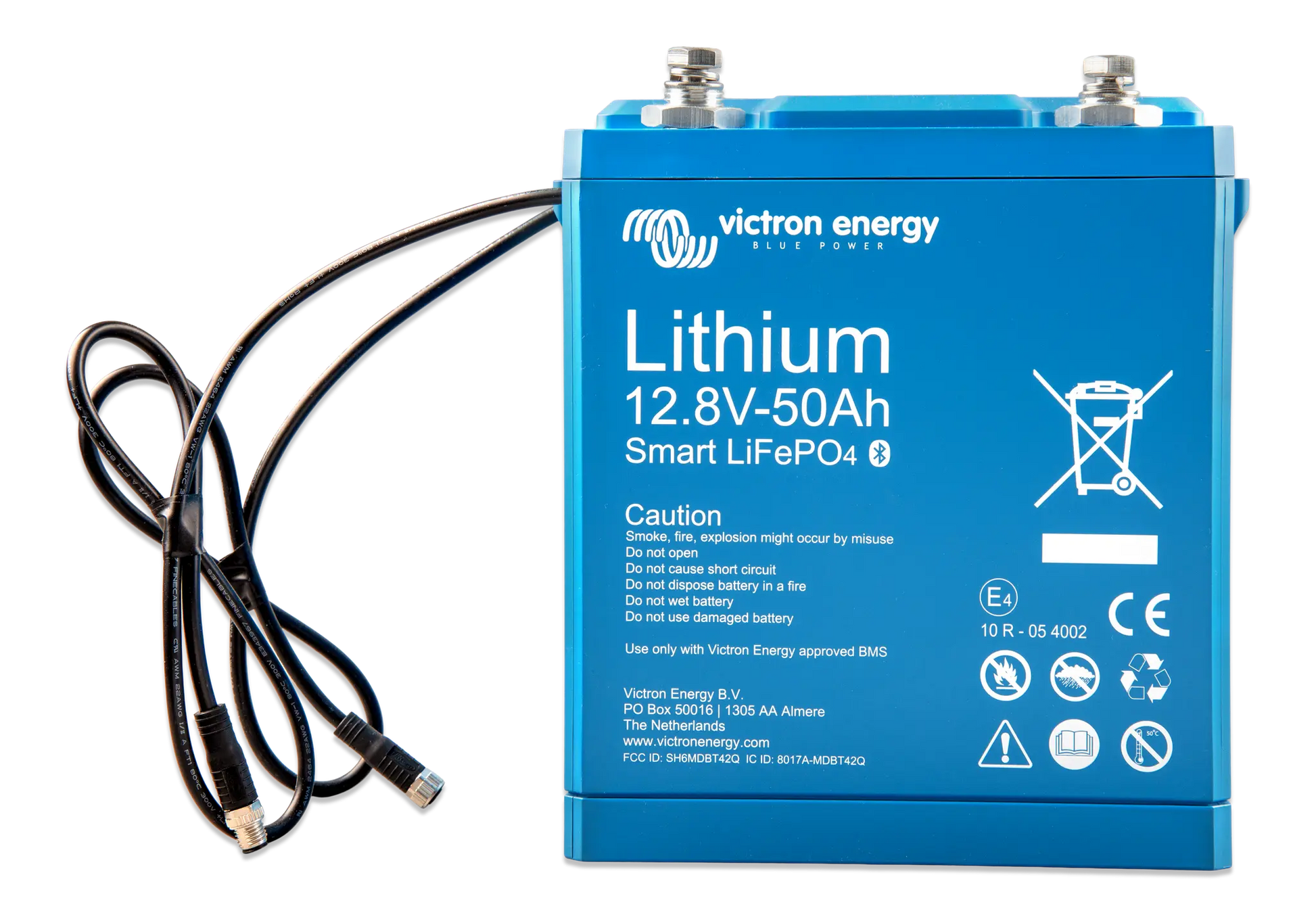Blue lithium battery with cables on a white background, featuring Victron Energy branding.