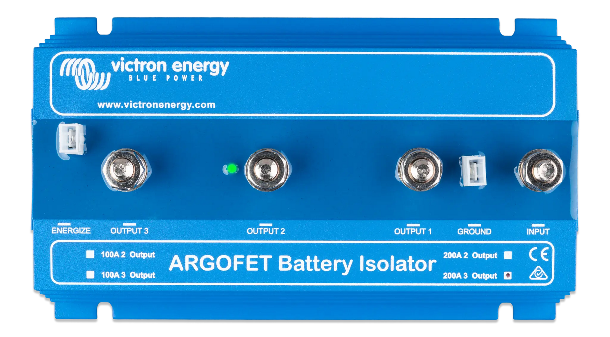 Blue battery isolator with Victron Energy branding on a white background