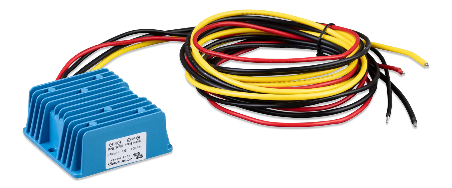 Blue power regulator with multicolored wires on a white background