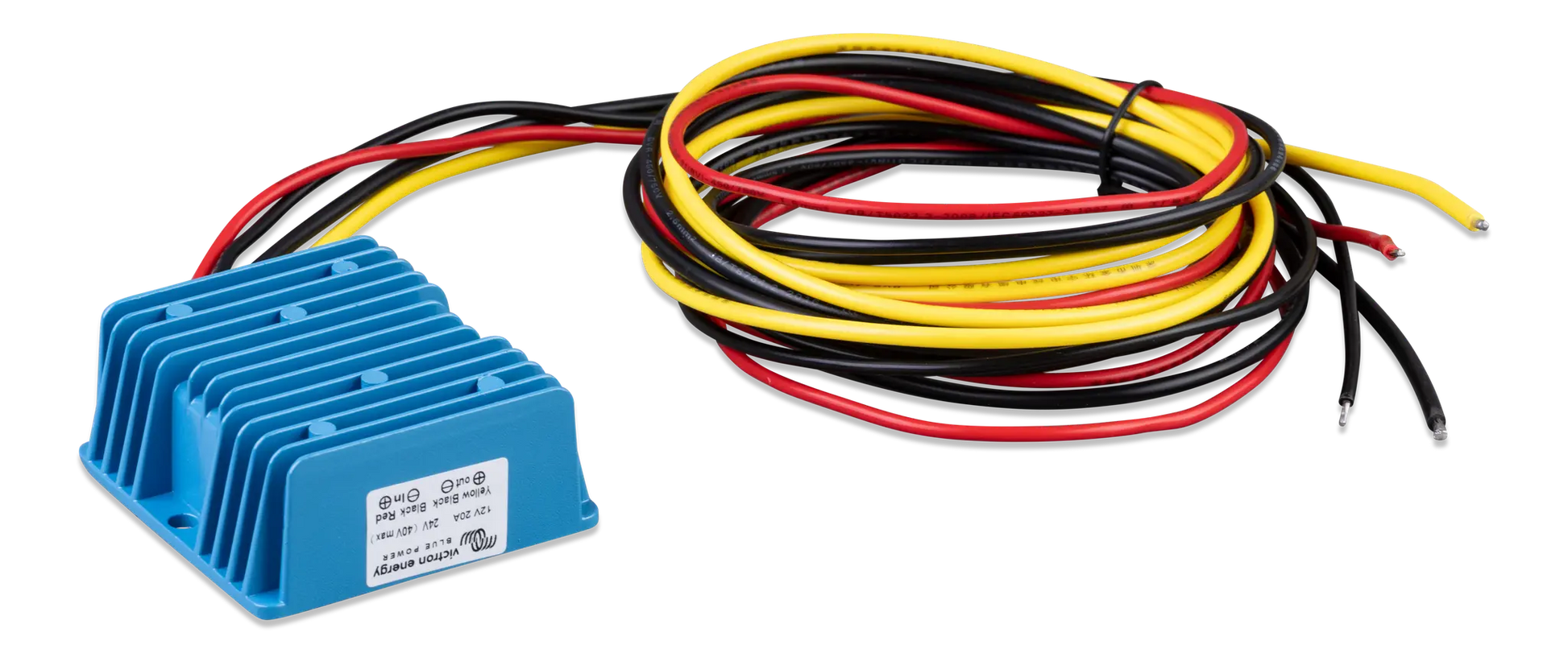 Blue power regulator with multicolored wires on a white background