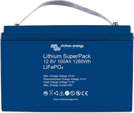 Blue lithium superpack battery with Victron Energy branding on a white background