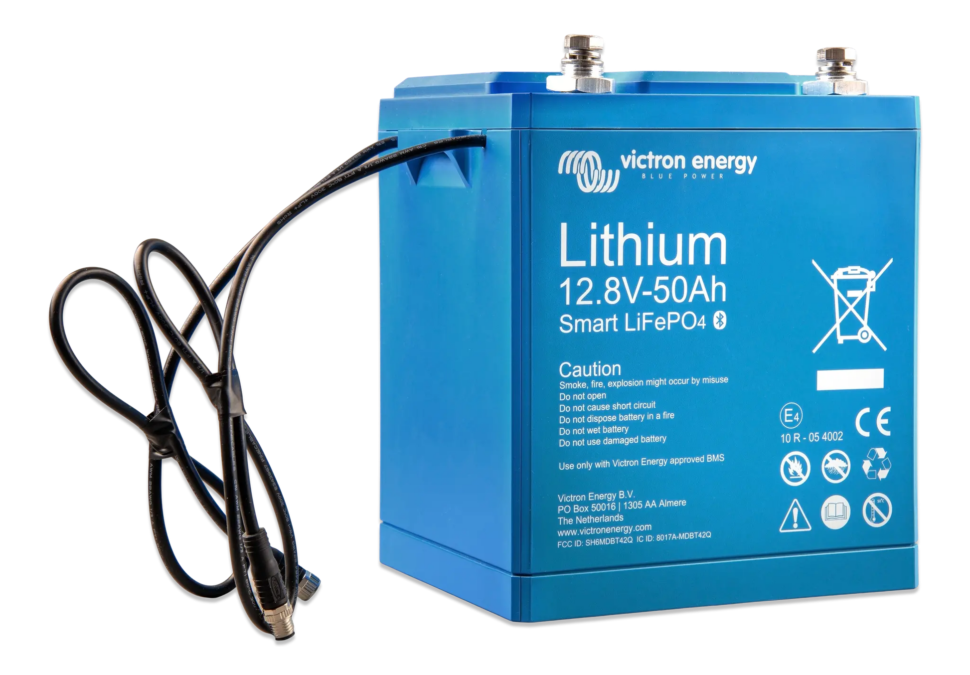 Blue lithium battery with cables on a white background, featuring Victron Energy branding.