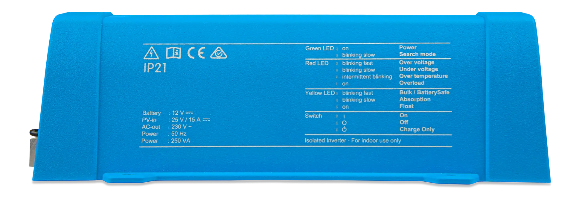 Blue battery pack with technical specifications on a white background