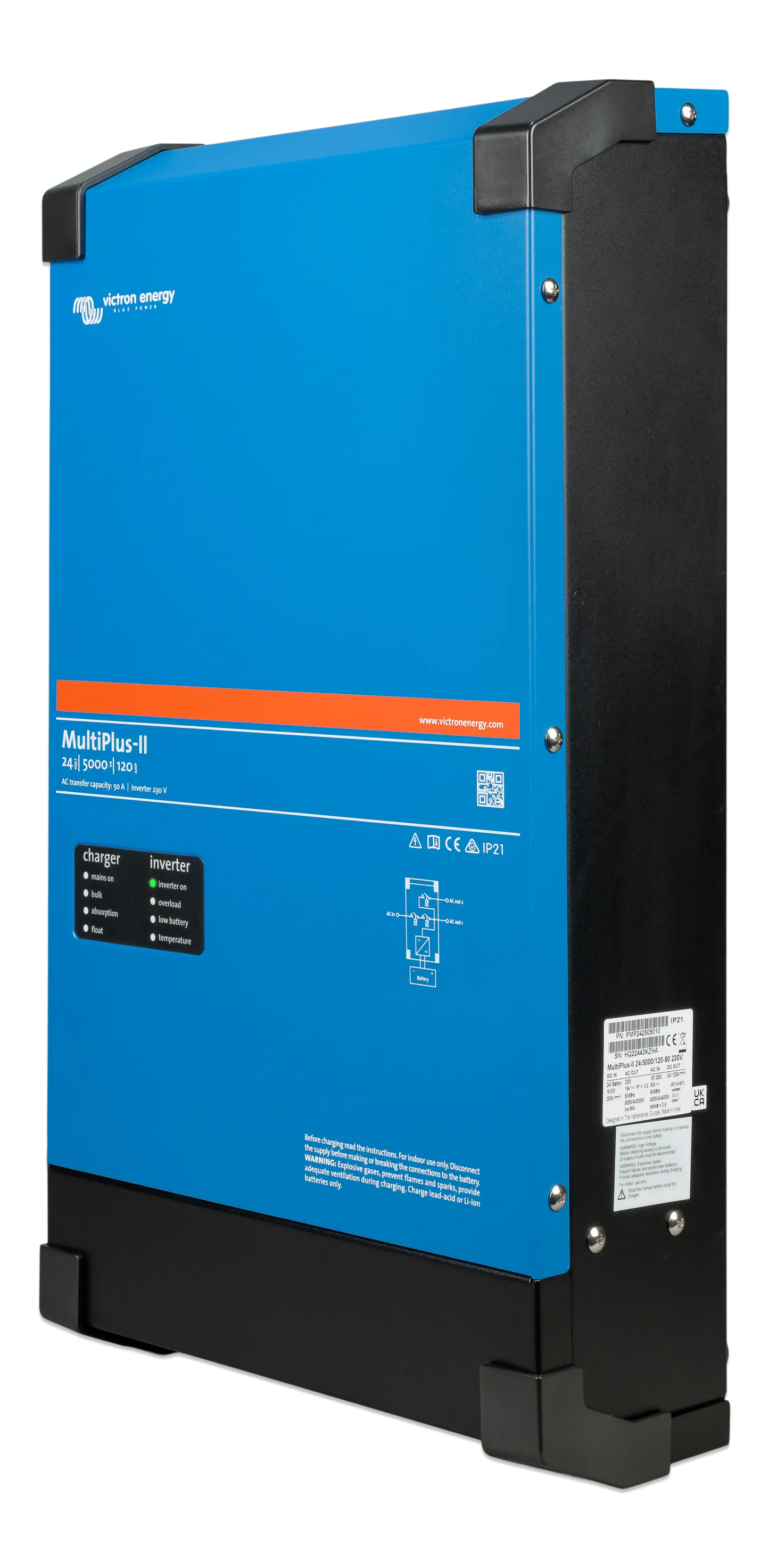 Blue and black power converter with brand logo on a white background