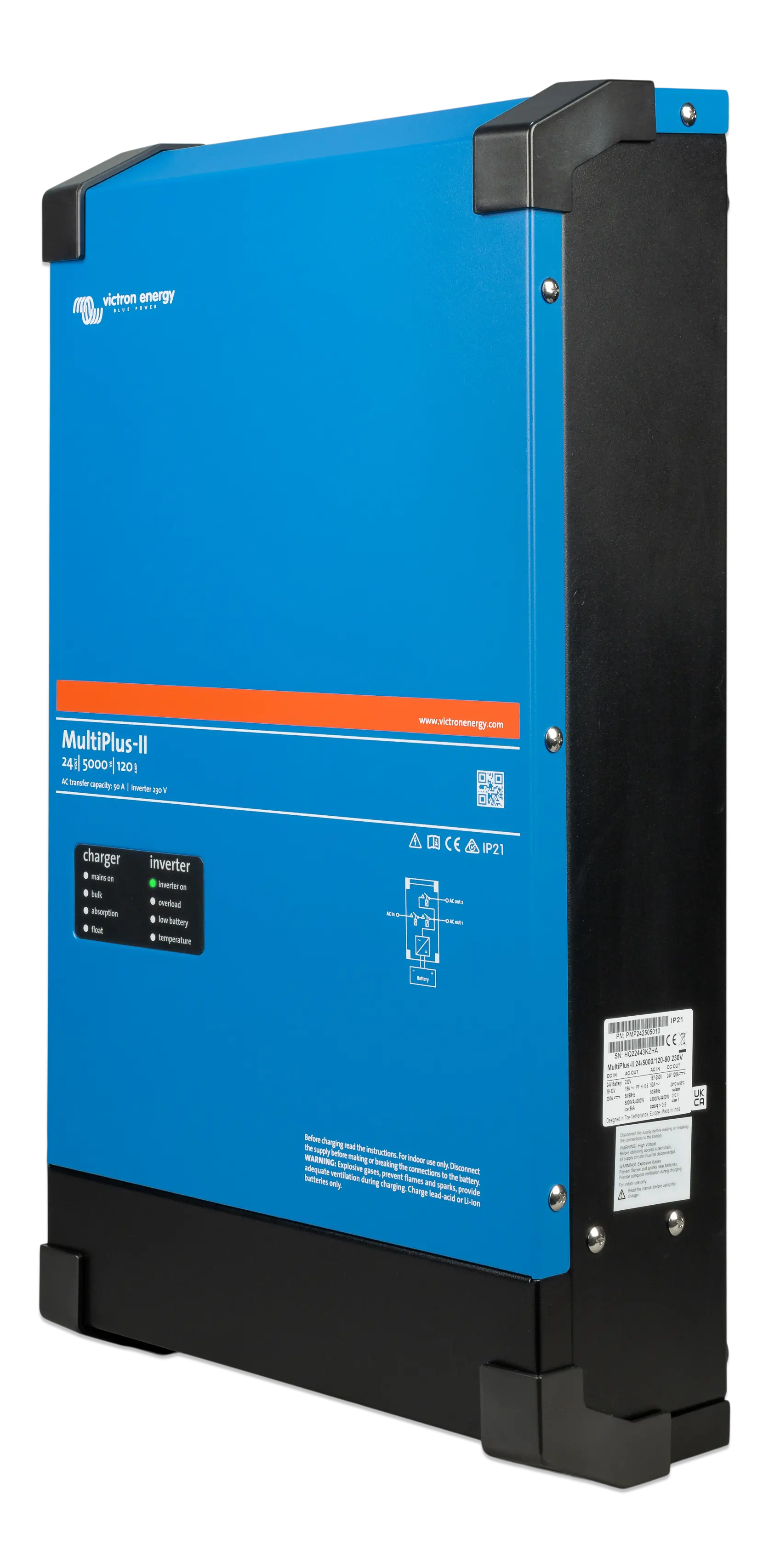 Blue and black power converter with brand logo on a white background