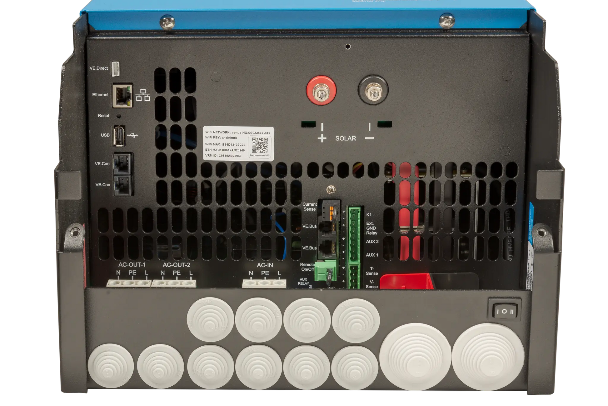 Back view of a power inverter with various connectors and labels on a white background