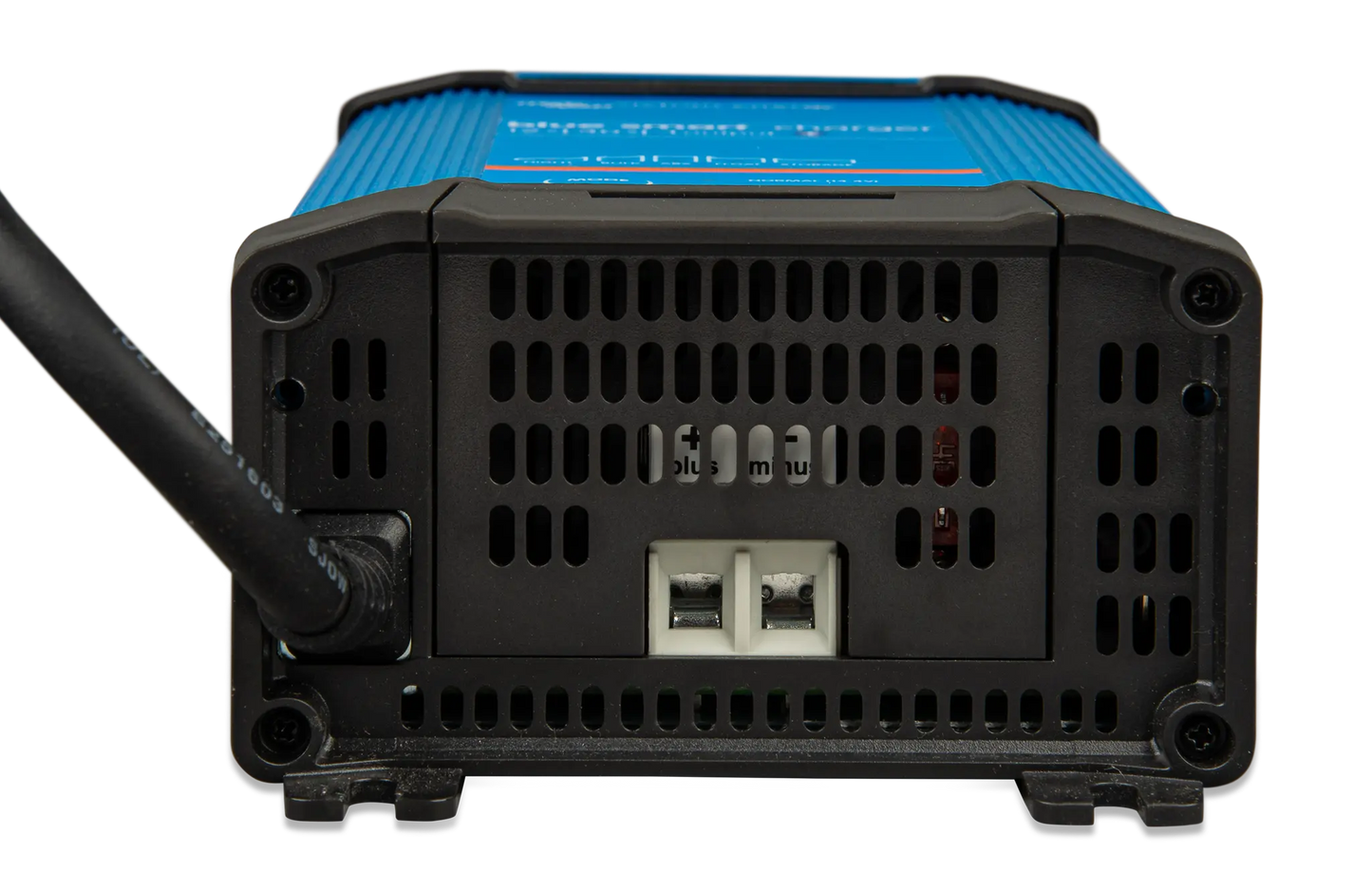 Back view of a power inverter with blue top and black bottom on a white background