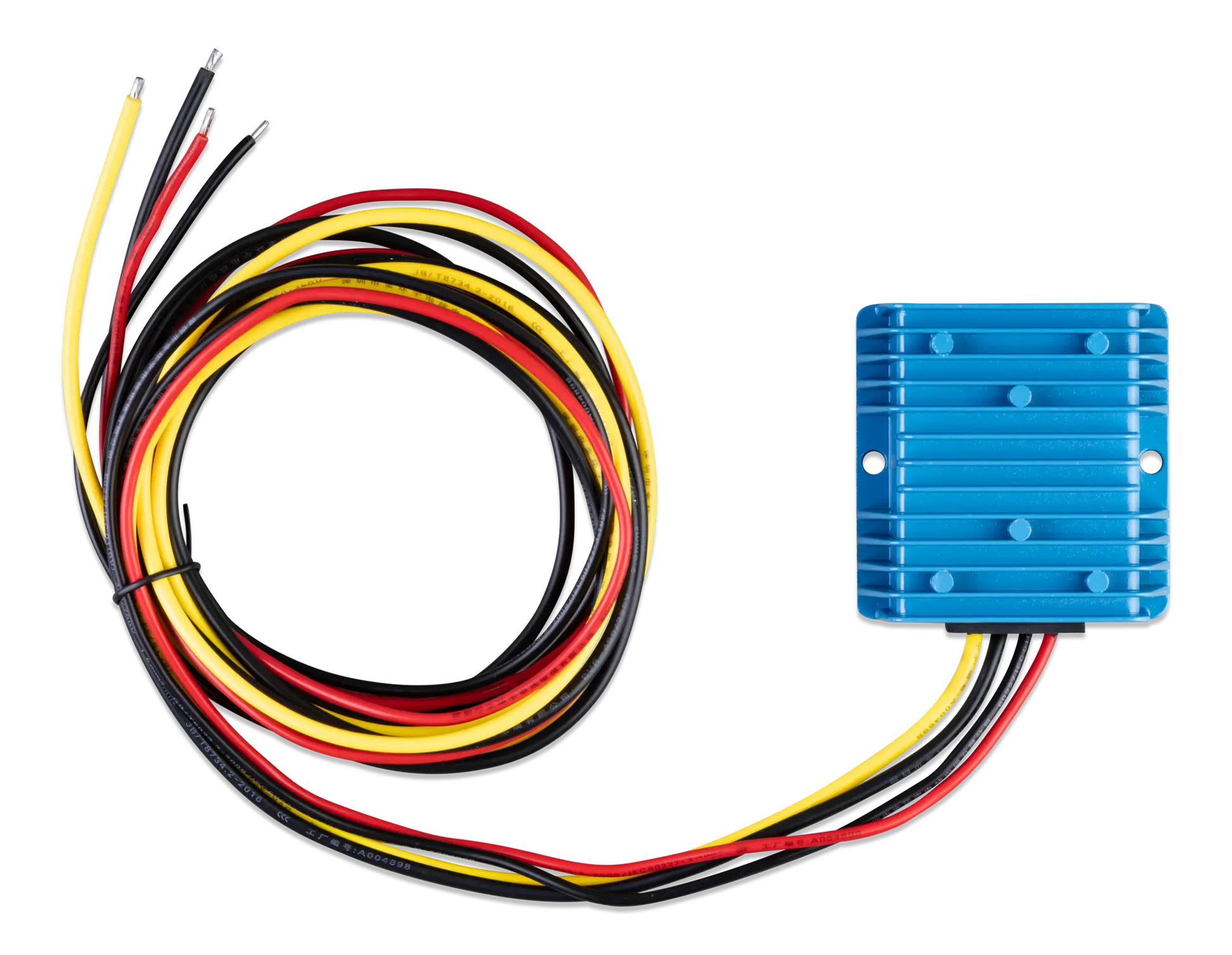 Blue electronic module with multicolored wires on a white background