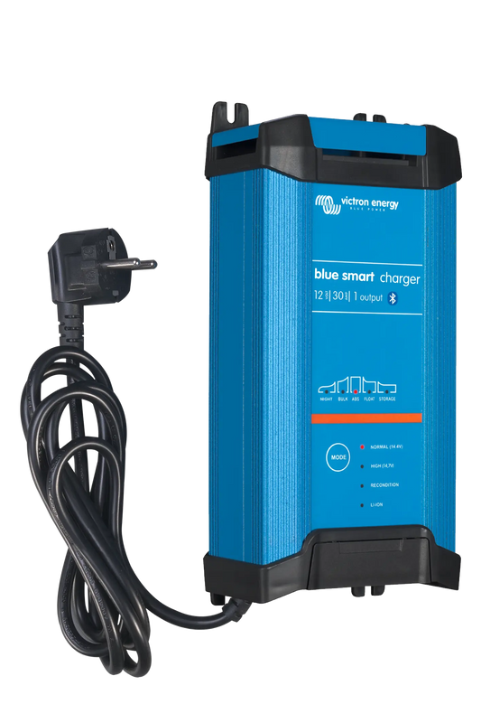 Blue smart charger with power cord on a white background