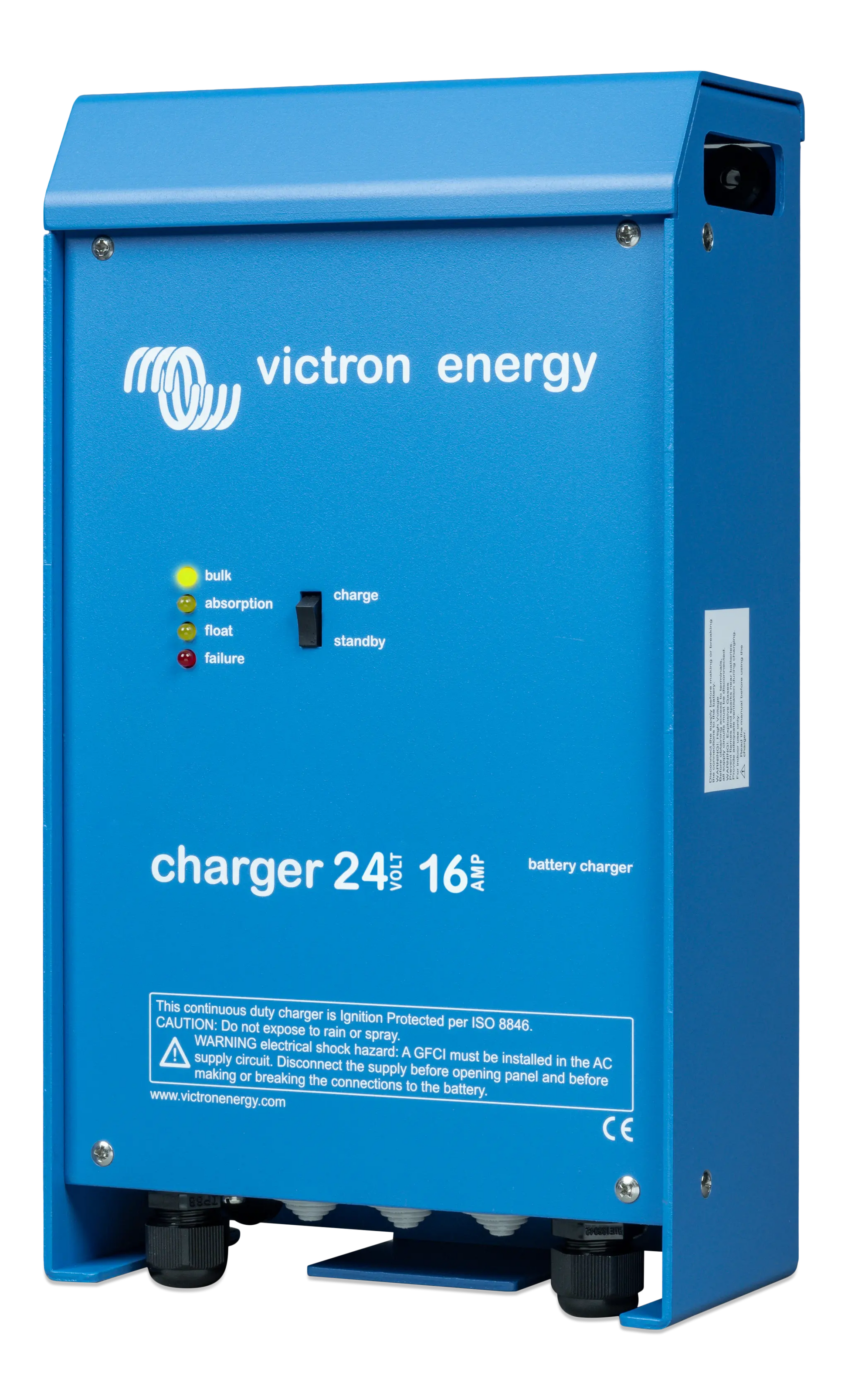 Blue Victron Energy battery charger on a white background