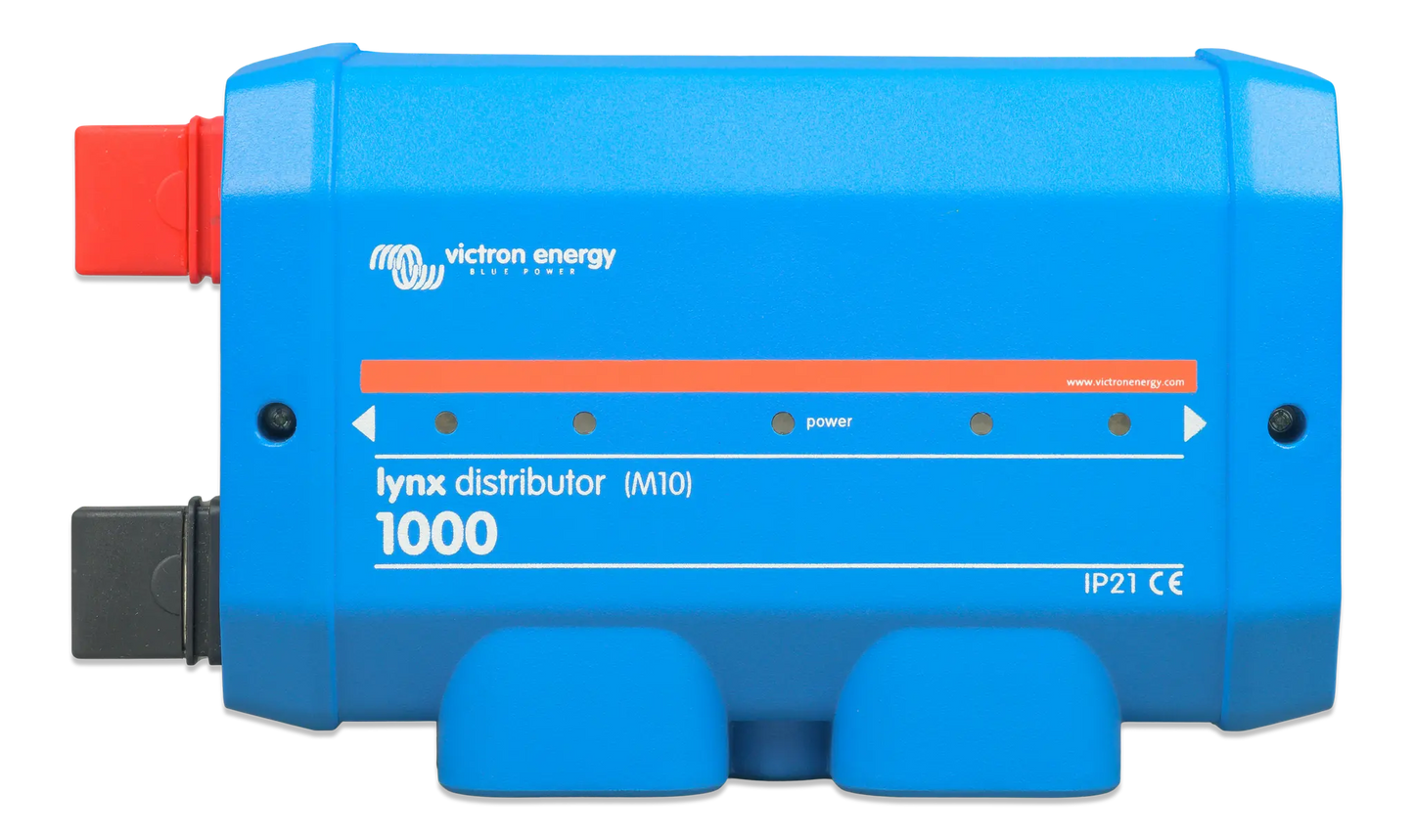 Blue Victron Energy lynx distributor M10 with red connector on a white background