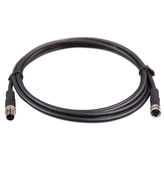Coiled black cable with connectors on a white background