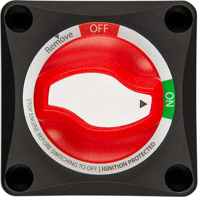 Red toggle switch with 'OFF' and 'ON' labels on a black background