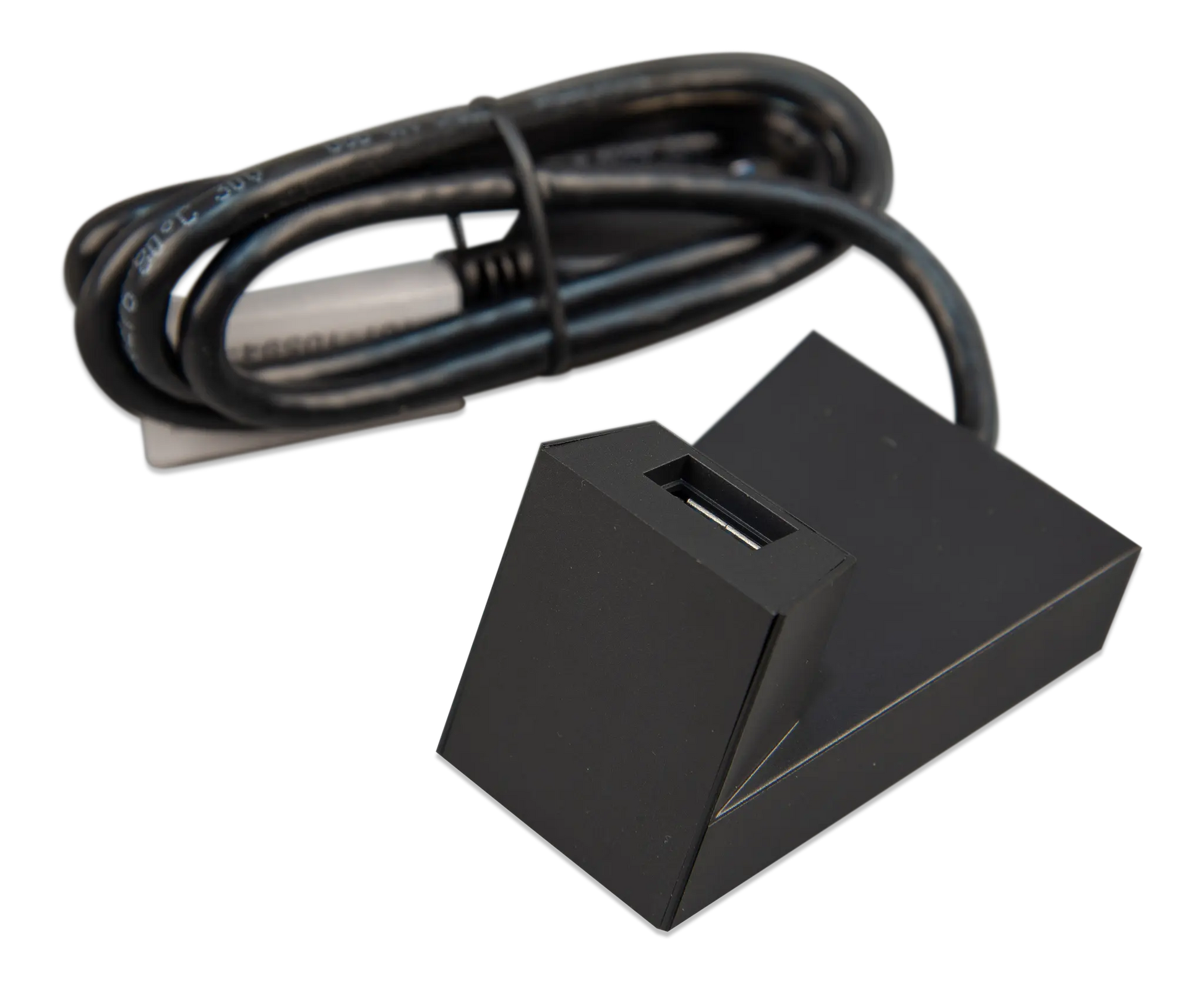 Black electronic device with a cable on a white background