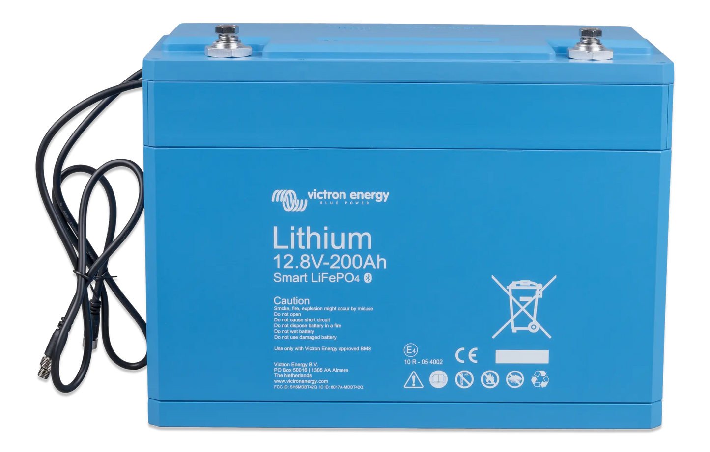 Blue lithium battery with visible branding on a white background