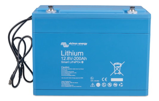 Blue lithium battery with visible branding on a white background