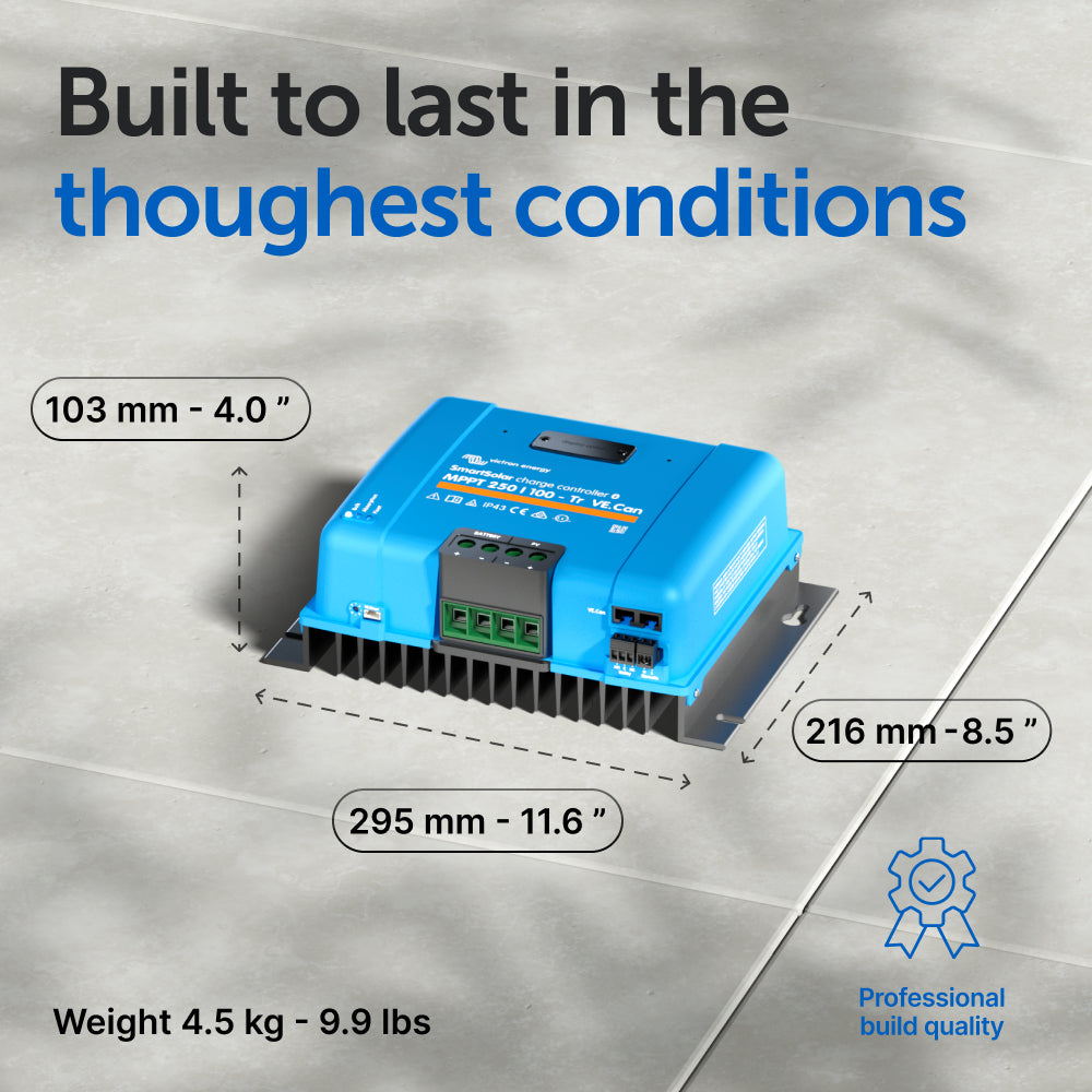 Blue electronic device with dimensions and weight information on a gray background