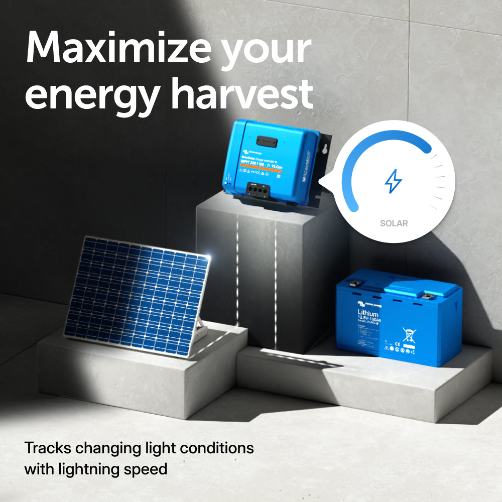 Solar panel, battery, and energy harvest controller with text on a gray background