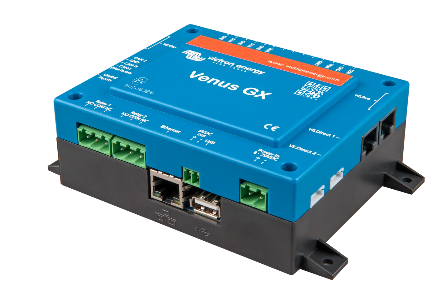 Blue electronic device labeled 'Venus GX' on a white background