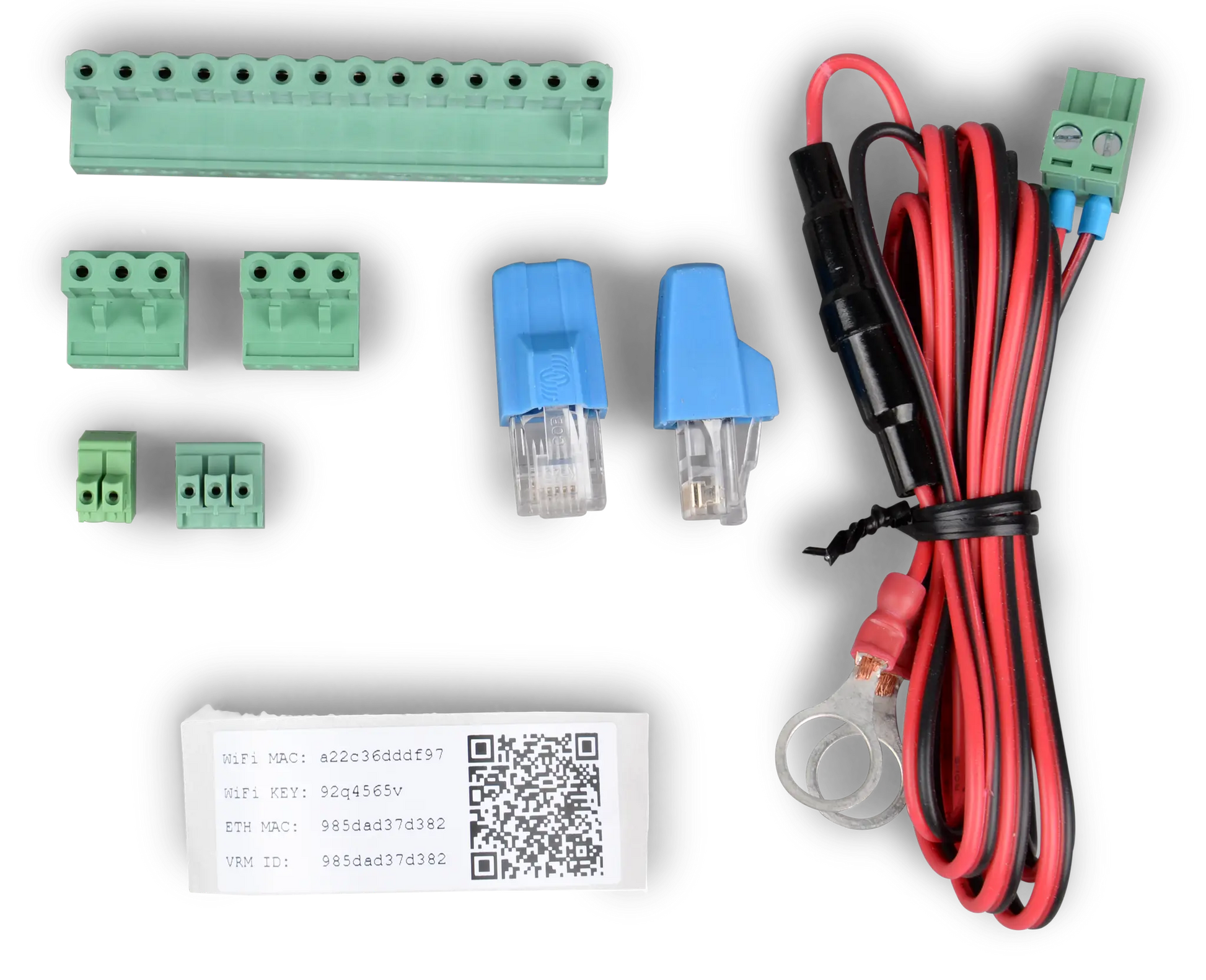 Electrical components including connectors and wiring on a white background