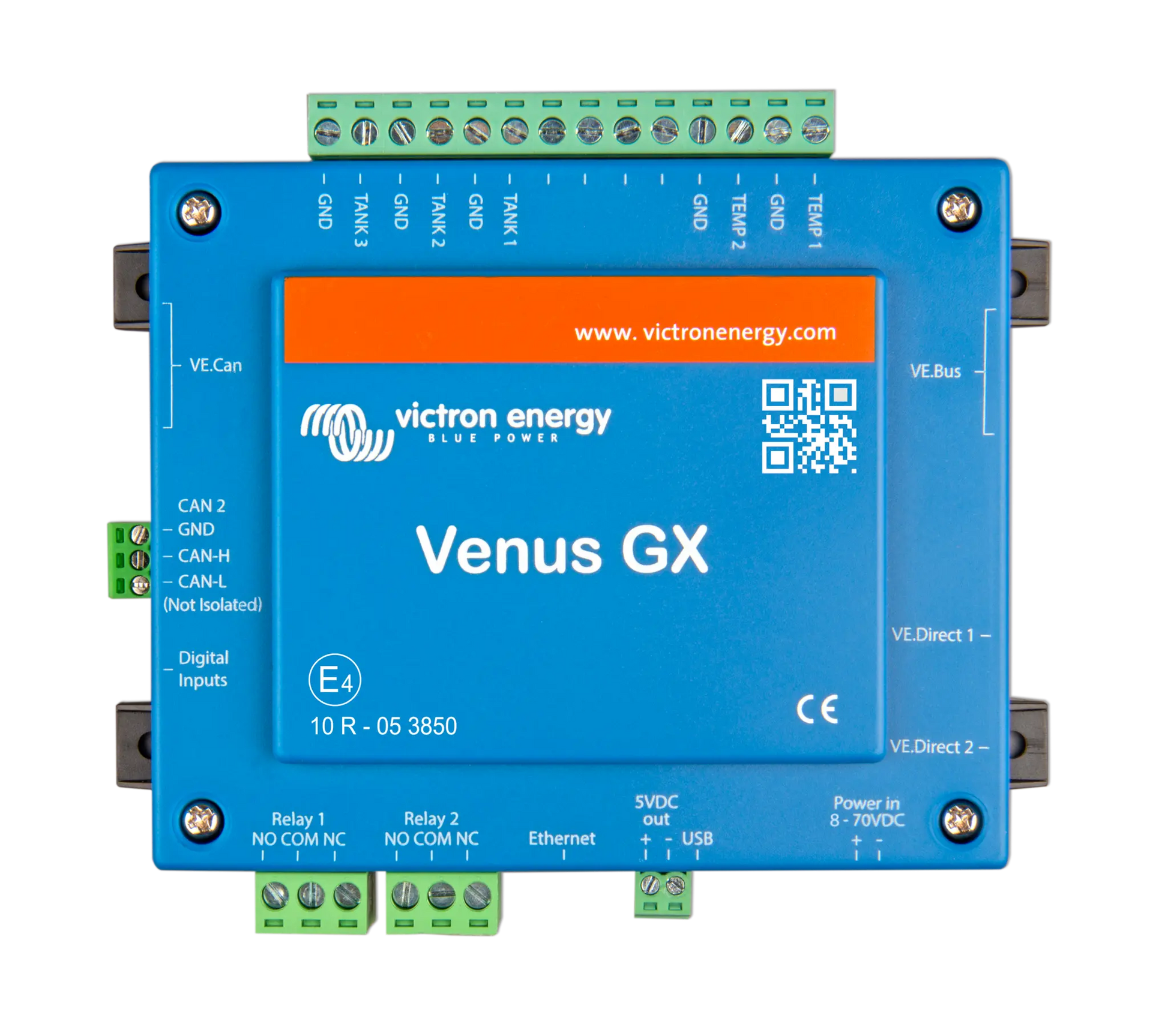 Blue electronic module with Victron Energy branding on a white background