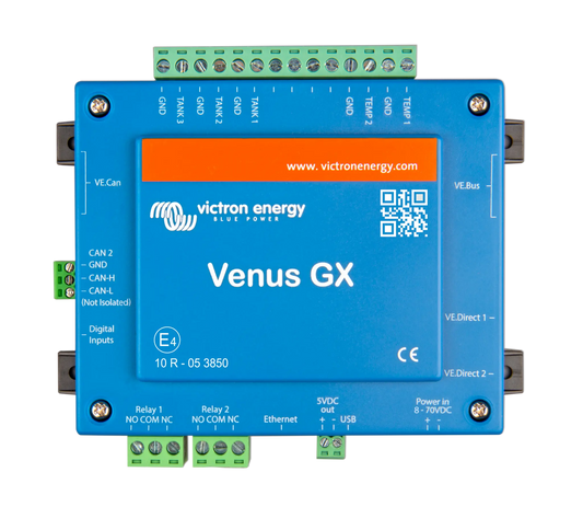 Blue electronic module with Victron Energy branding on a white background