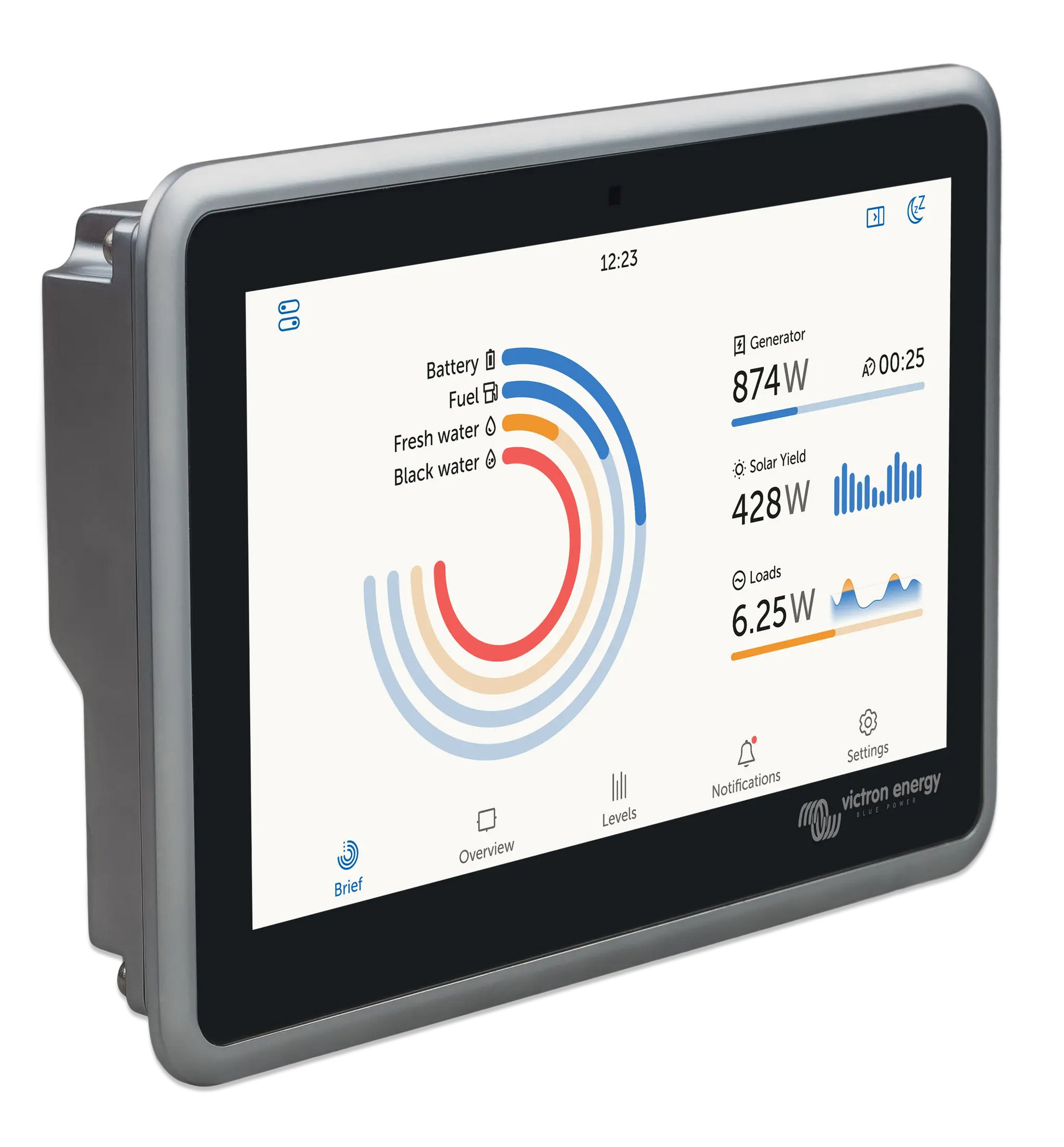 Touchscreen display with energy monitoring software on a white background