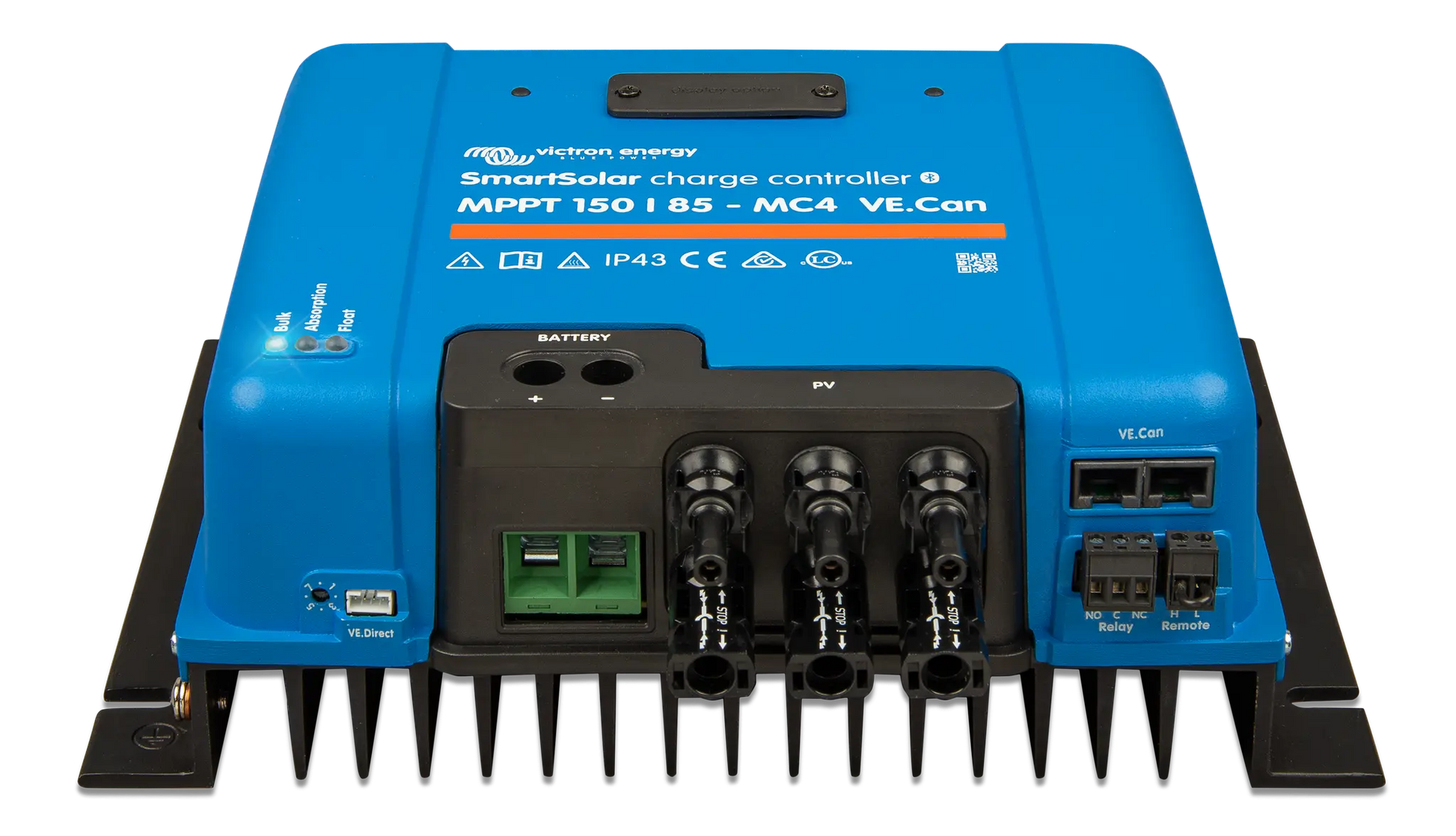 Blue solar charge controller with multiple connectors on a white background