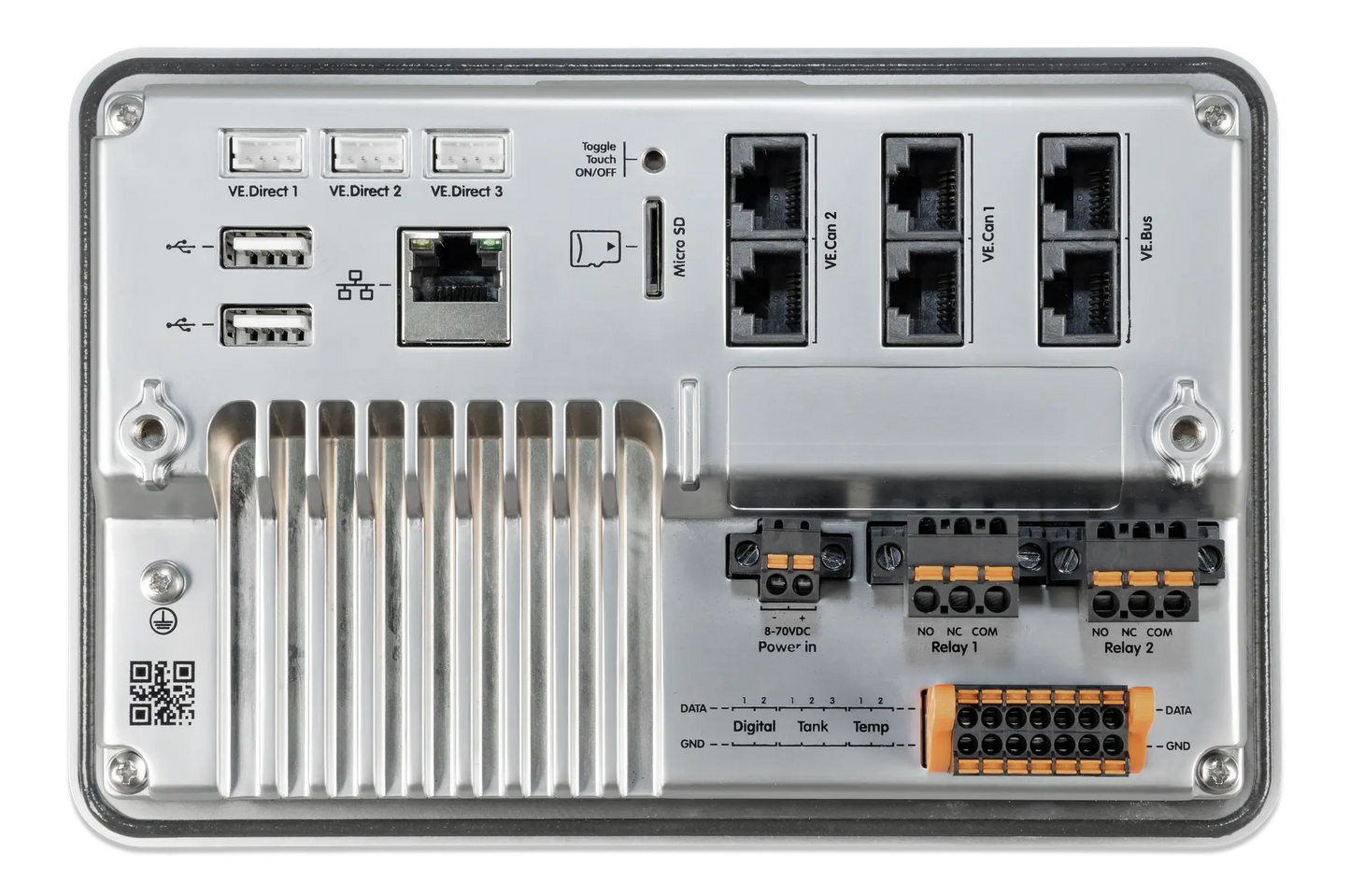 Back view of a electronic control panel with various ports and connectors.