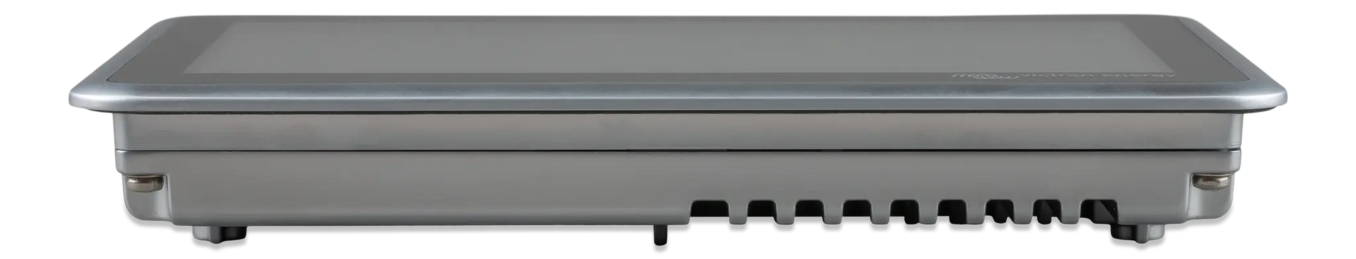 Rectangular metal appliance with a ribbed surface on a white background