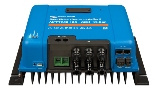 Blue solar charge controller with multiple connectors on a white background
